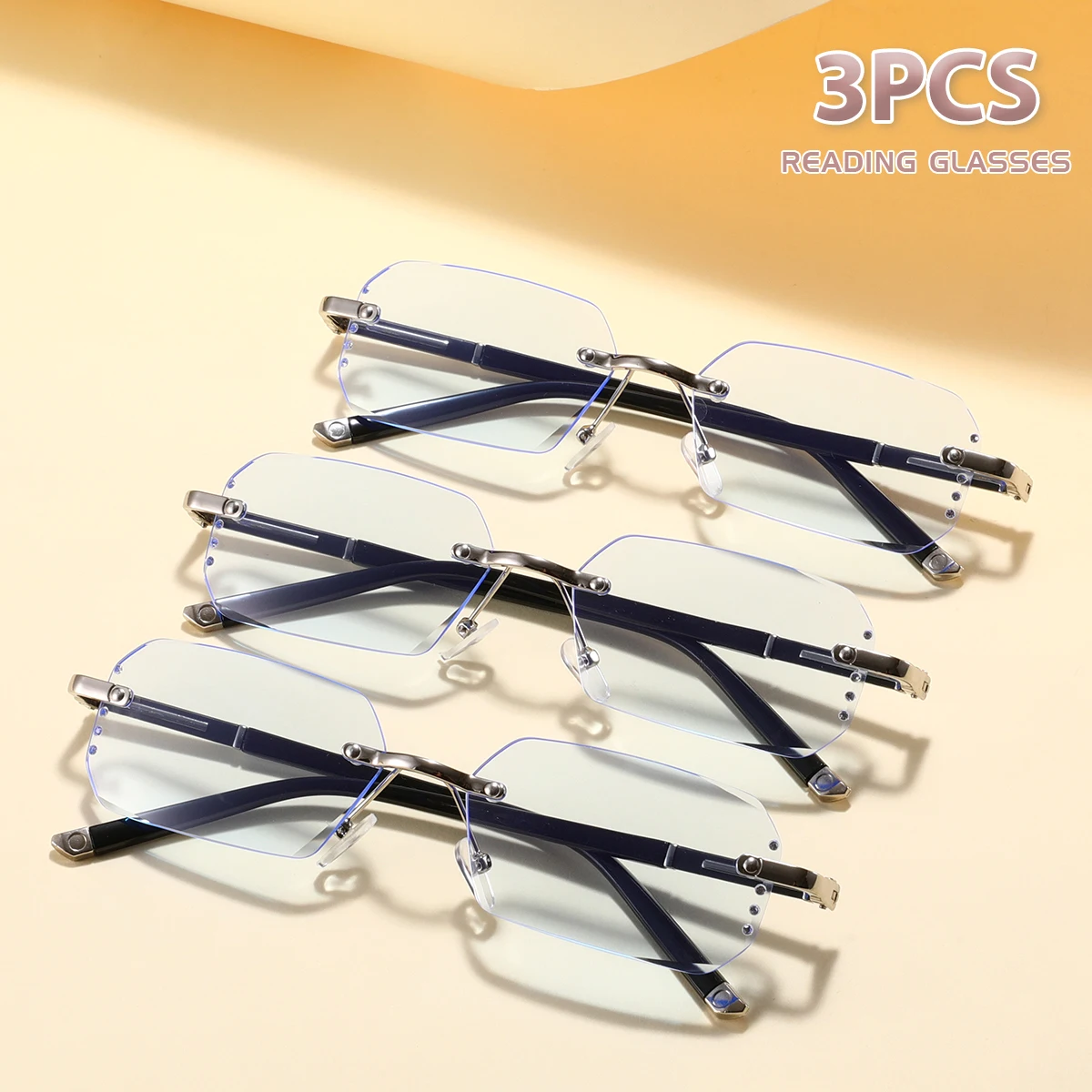Set of 3 Unisex Rimless Reading Glasses with Rhinestone Accents and Blue Light Protection