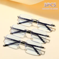 Set of 3 Unisex Rimless Reading Glasses with Rhinestone Accents and Blue Light Protection - +400 (3PCS)