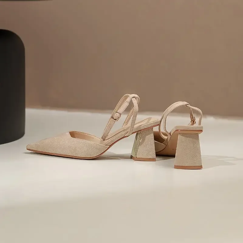 여성용 뾰족한 발가락 청키 샌들, 두꺼운 힐, 2024 블록 하이힐 펌프스, 한국 여성 신발, 여름
