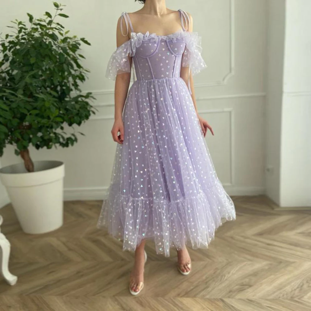 

2022 Hot Sale Homecoming Dresses Spaghetti Strap Tea Length Off Shoulder Cocktail Party Dress A-Line Prom Gown Short