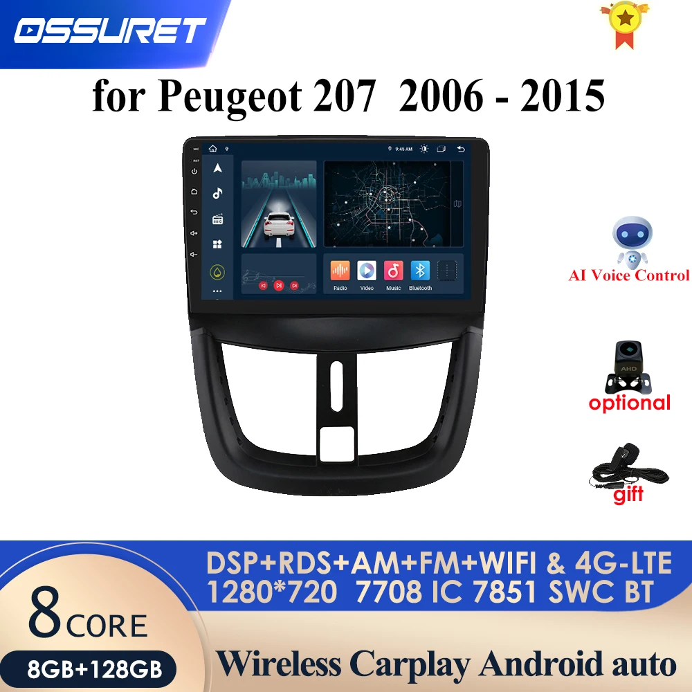 3G+32G AI Voice Navigation for Peugeot 207 2006 - 2015 Car Radio 2 Din Android Auto Multimedia GPS Track Carplay 2din DVD Audio |