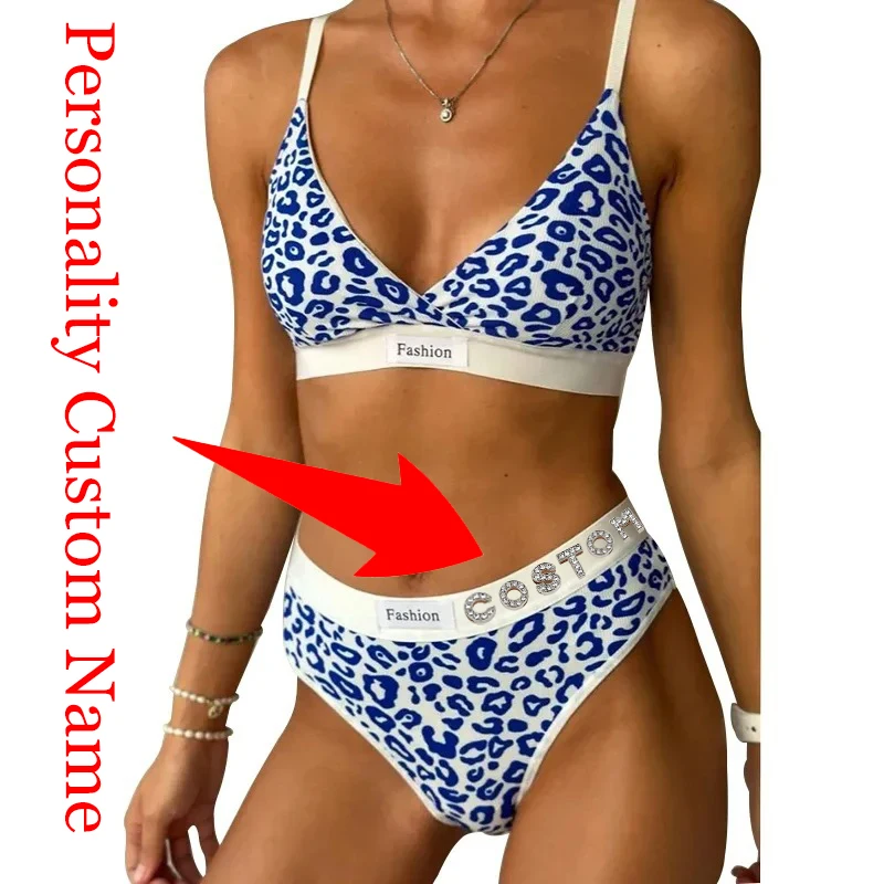 

Personality Custom Name Letter Women Seamless Bra Set Low Waist Panties Leopard Bralette Sexy Lingerie Set Vneck Sport Brassiere