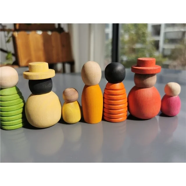 Wooden Montessori Toys Handmade Rainbow Peg Dolls Together Stacking Figurines Blocks For Children Open-ended Play 3