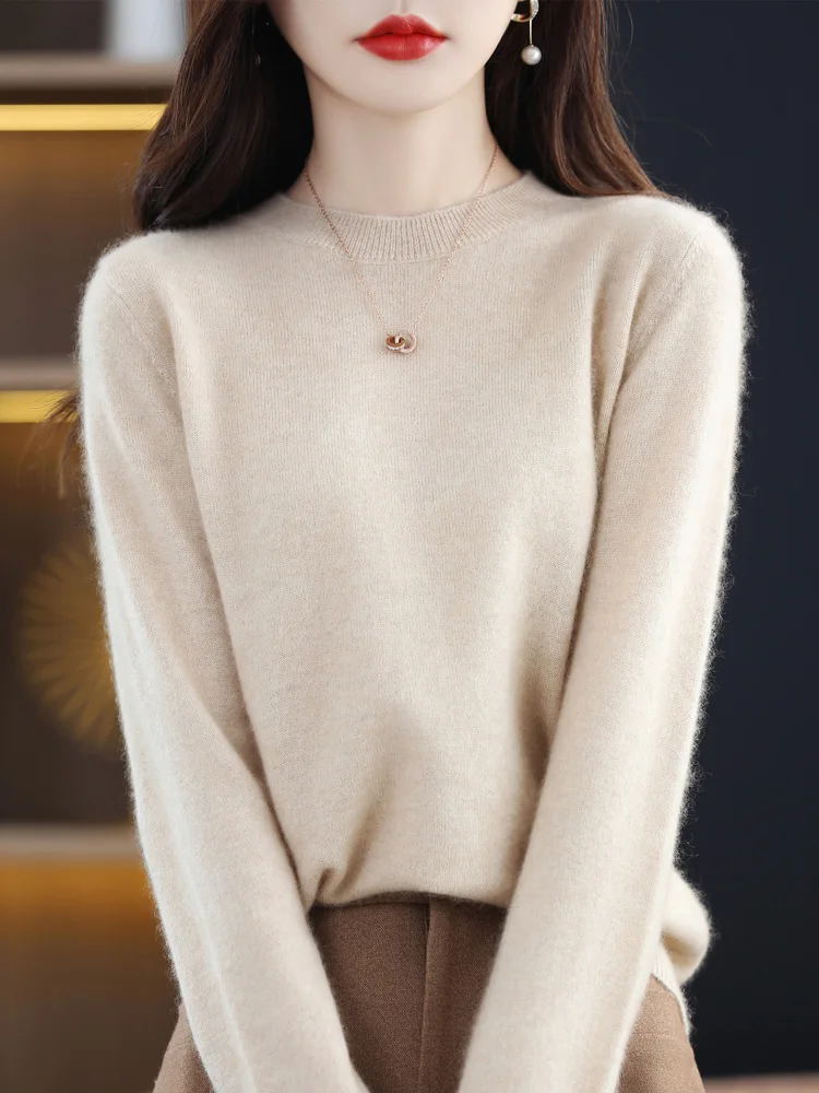 Spring Autumn Knitwear 100% Merino Wool Women' Sweater Long Sleeved O-neck Solid Color Pullover Soft Base Sweater Casual Tops 2