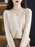 Spring Autumn Knitwear 100% Merino Wool Women' Sweater Long Sleeved O-neck Solid Color Pullover Soft Base Sweater Casual Tops 2
