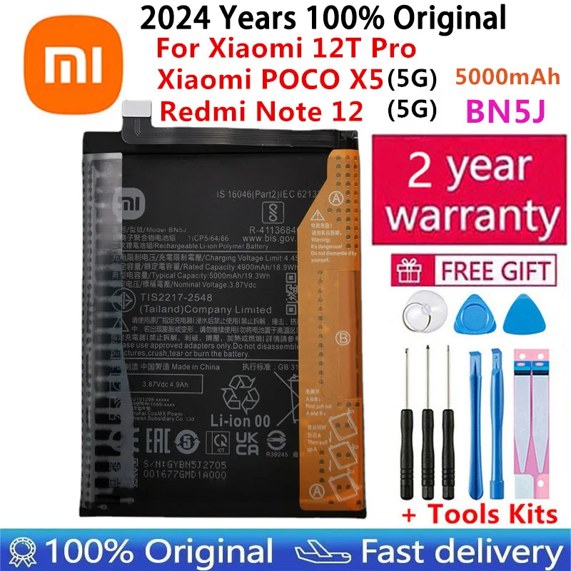 

2024 год, 100% оригинальный аккумулятор 5000 мАч BN5J для Xiaomi Redmi Note 12 5G / 12T Pro / POCO X5 5G, батареи, батарея