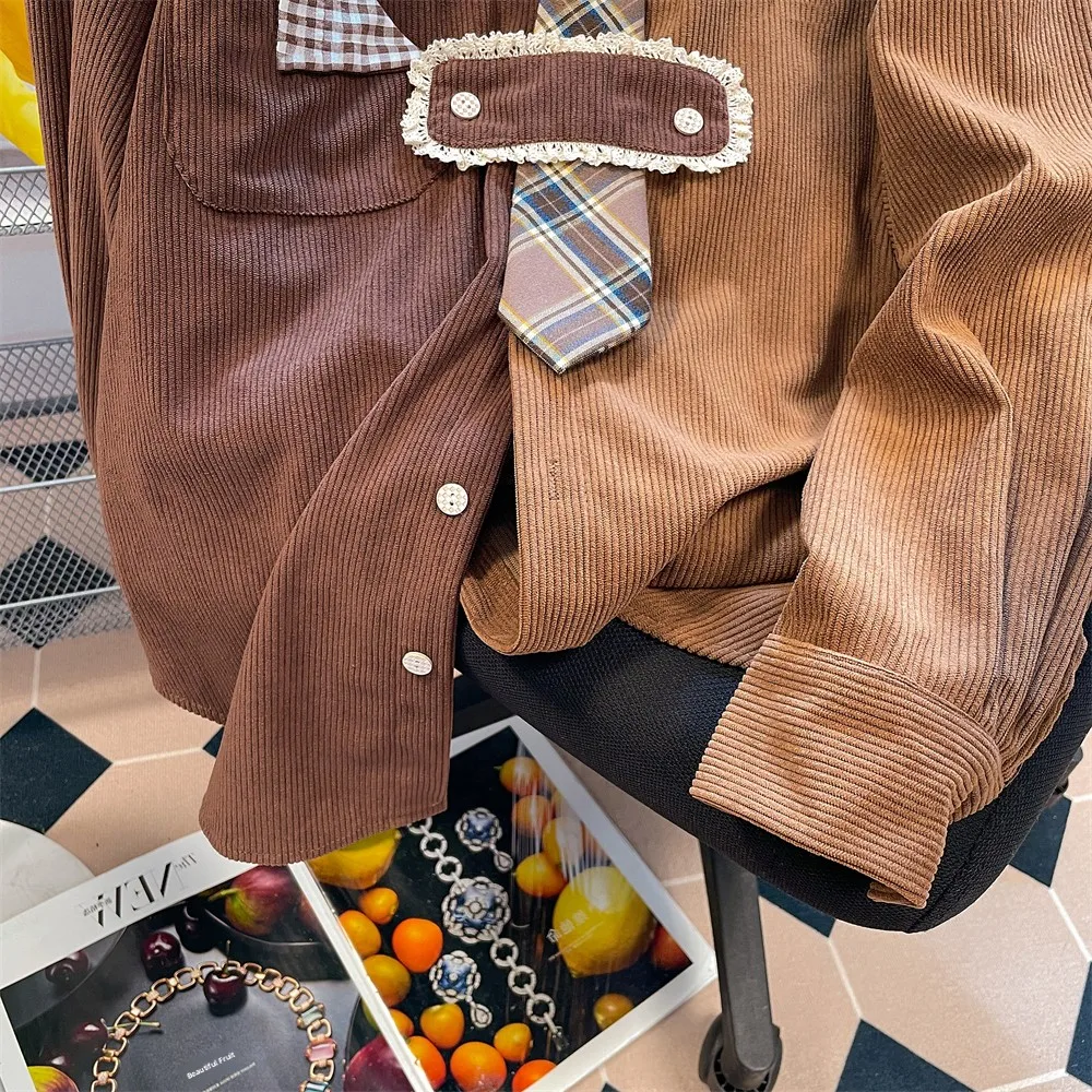 Retro American Contrast Color Embroidered Dog Tie irt Men's Women's Design Hong Kong Sle Corduroy irt Jaet