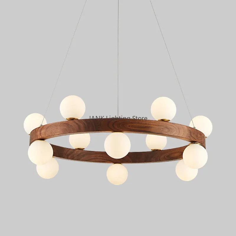 

White Glass Ball Walnut Pendant Chandelier Living Dining Room Solid Wood Magic Bean Molecule Indoor Lighting Decor Free Shipping