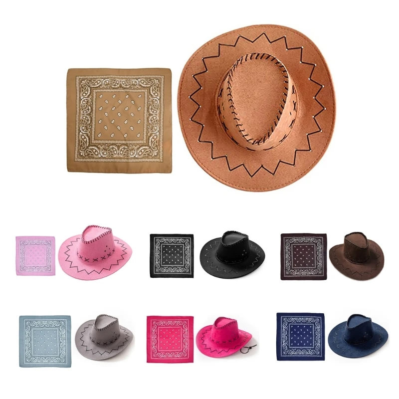 Women Cowboy Hat Western Wide Brim Hat Handkerchief Knight Set Cosplay Party Costume Men Fedora Headdress cowboy hats cowgirl hats