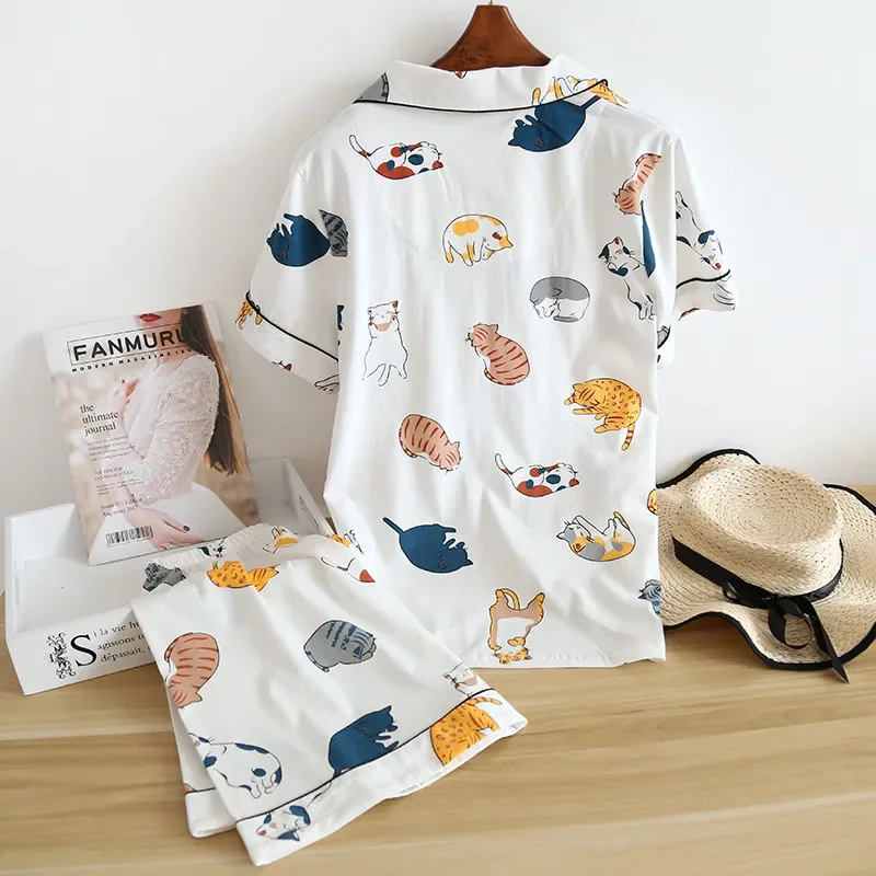 New cotton short-sleeved shorts ladies pajamas set cute cartoon pajamas Japanese simple short pajamas women sleepwear