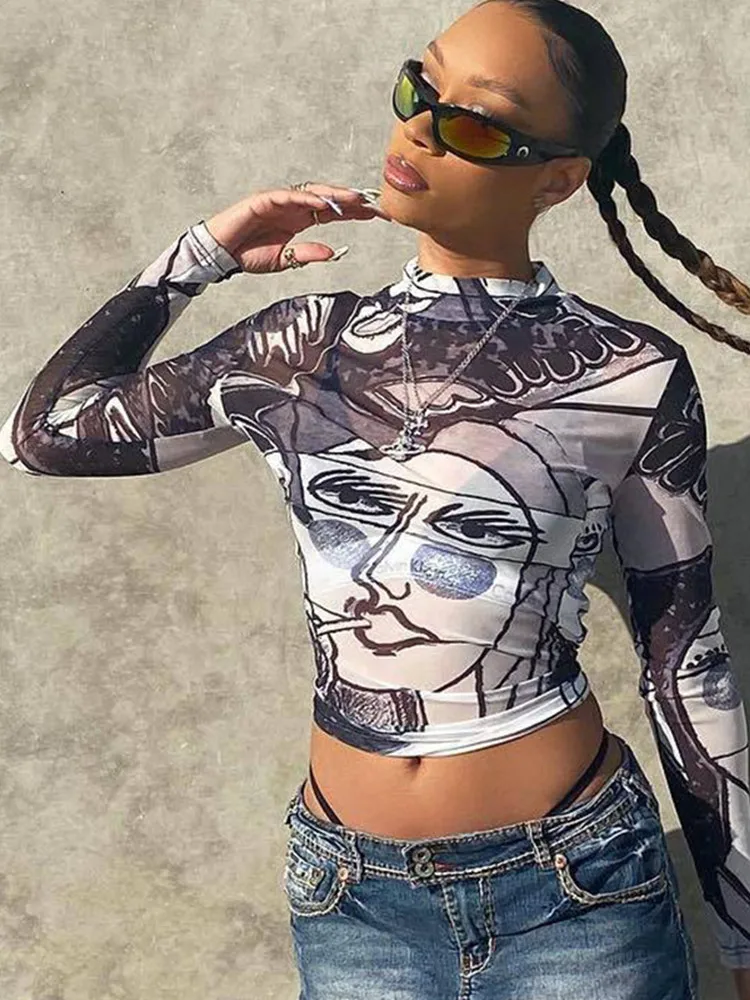 Y2k Mesh Top Women Streetwear Long Sleeve Graphic Tee See Through O Neck  Tops Slim Anime T-shirt Sexy Crop Top Women Clothing - T-shirts - AliExpress