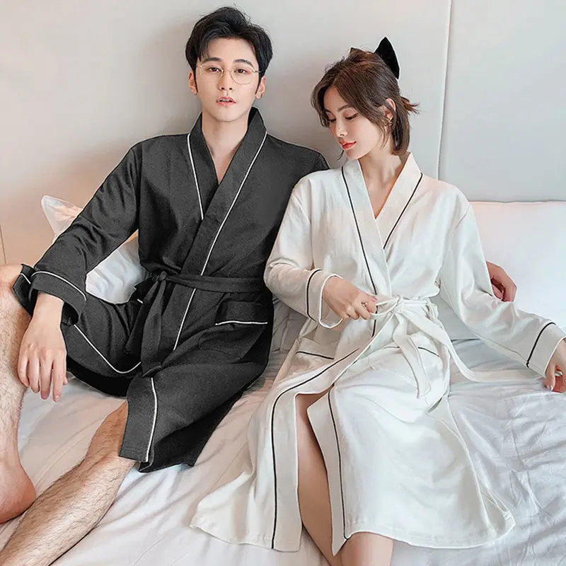 Plus Size Women's Bathrobe Long Sleeve Cotton Sleepwear Couple's Robe Loose Lounge Home Clothes Men Pajama Night Gown M-3XL