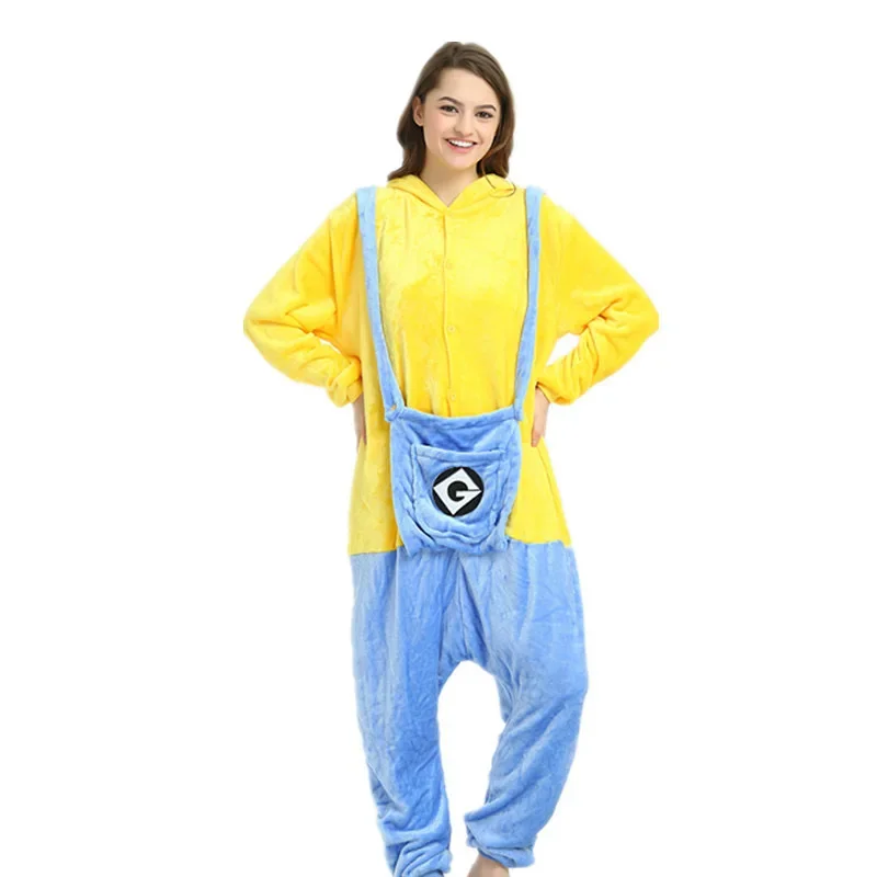 Minions Kigurumi Flannel Zipper Onesie Cosplay Anime Costume Halloween Winter Pajamas Halloween Christmas Family Clothing