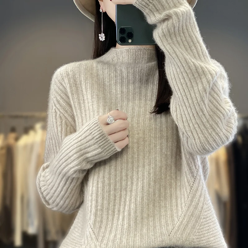 

DjzDsm Women's 100% Merino wool top jumper Thickened warm half turtleneck comfortable fitting sweater 2024 new model