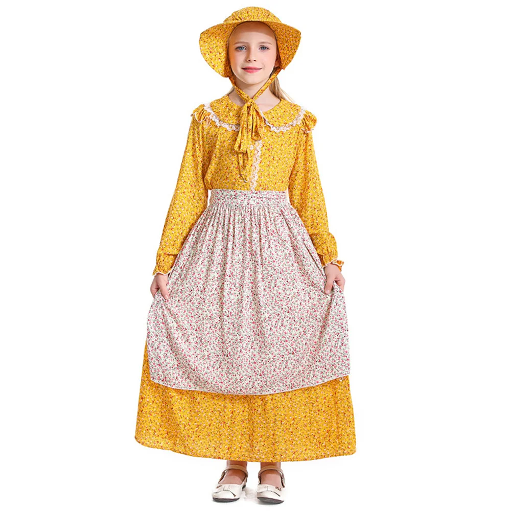 

Children's Halloween Cosplay Colony Girl Prairie Pioneer Farm Maid Costume Cute Girl Yellow Floral Dress Suit