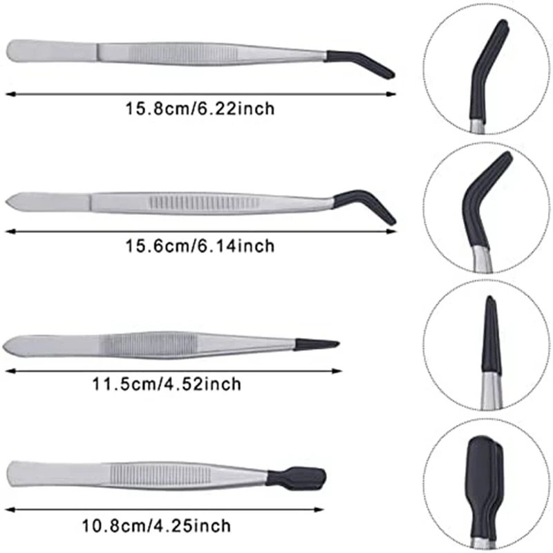Tweezers Set 4 Pieces Rubber Tips Jewelry Hobby