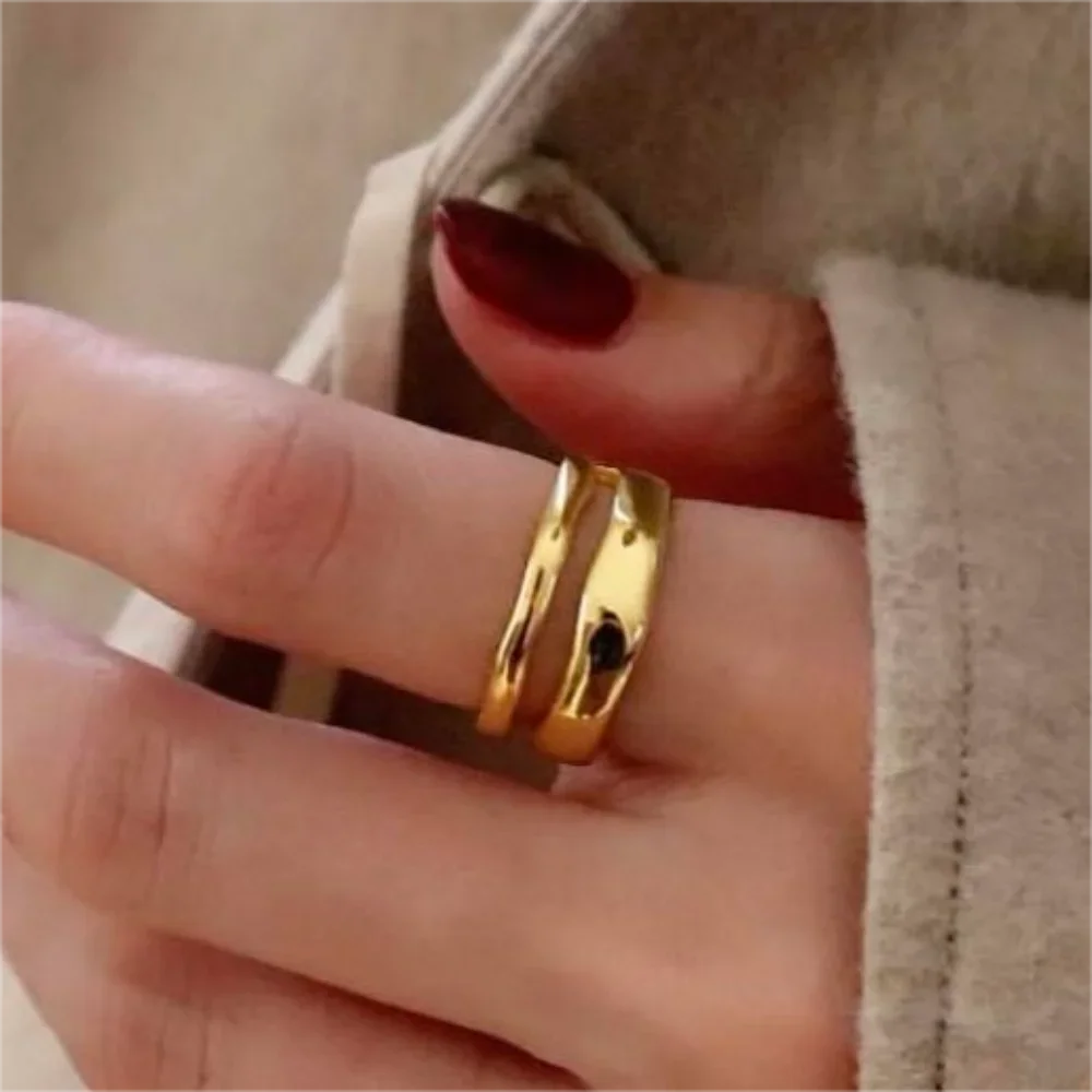1/3 PCS Double Row Stackable Open Resizable Wave Stainless Steels Ring Gold Silver Color Minimalist Irregular Rings Jewellery 2