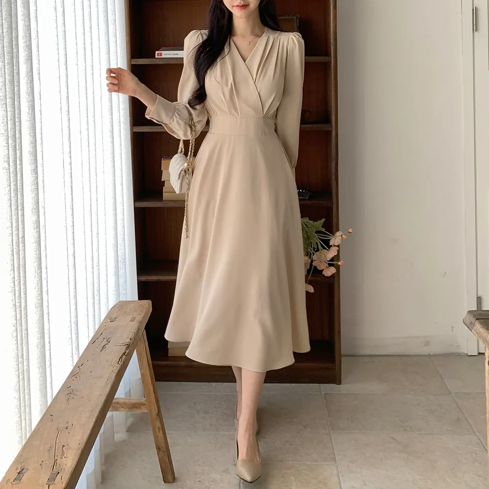 Korean Fashion Autumn Midi Dresses for Women Long Sleeves V-neck A-line Solid Casual Dress Office Lady Clothing New