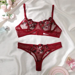 White and Red Embroidered Floral Sheer Lingerie Set - L (270 - wine red)