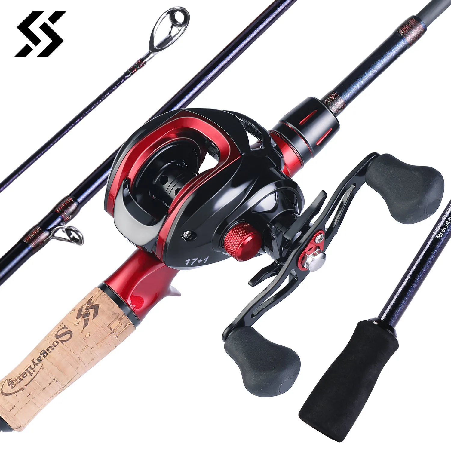 Sougayilang Casting Fishing Rod Combo Carbon Fiber Rod and 7.1:1 Gear Ratio  Fresh Saltwater Magnetic Brake System Reel Pesca