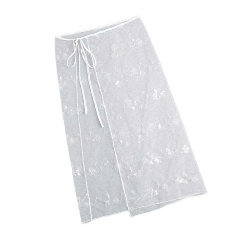 

Womens Aesthetic Sequins Flower Layering Half Wrap Skirt Tie Up See Through Hip Covering Long Apron Skirt Overskirt Dropship