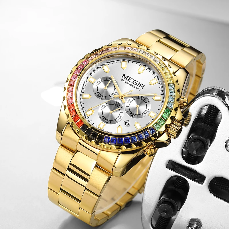 MEGIR Brand Luxury Diamond Stainless Steel Gold Quartz Watch for Men Waterproof Luminous Chronograph Watch Men Relogio Masculino