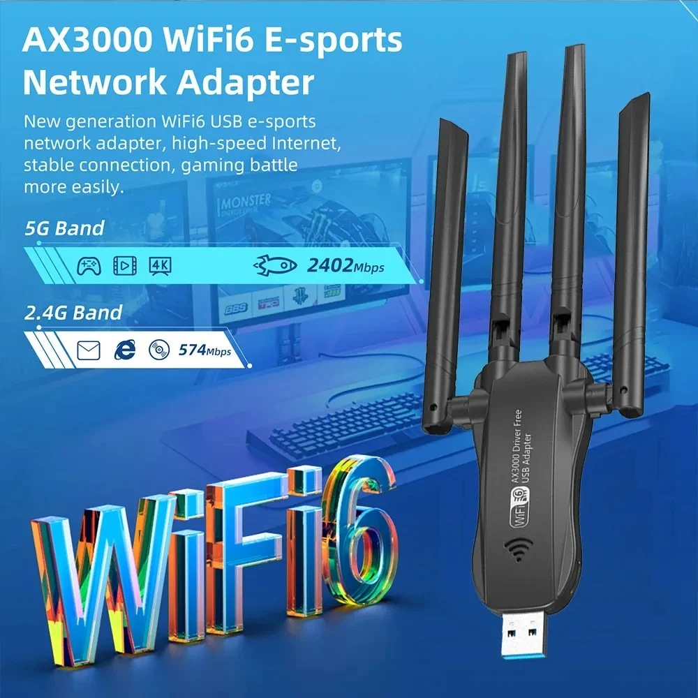 AX3000 USB3.0 WiFi 어댑터 듀얼 밴드 2.4G/5G 802.11AX WiFi 6 네트워크 카드 무선 와이파이 수신기 동글 드라이버 무료 (윈도우10/11 호환)