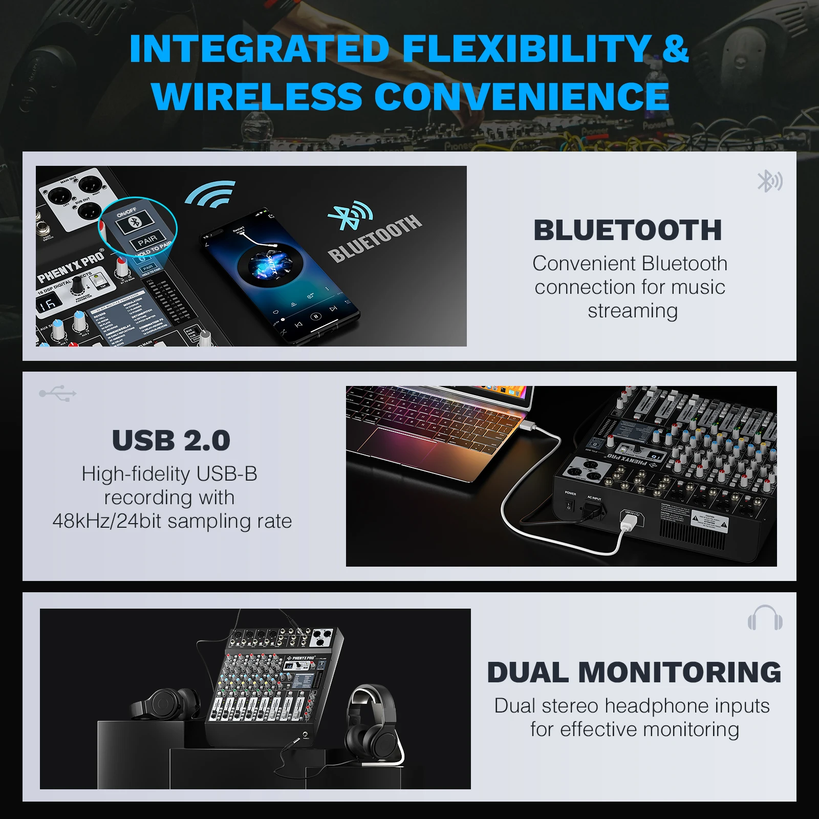 6채널 오디오 믹서, 유연한 AUX, BUS, SUB 라우팅, 16개의 DSP, BT 스트리밍 및 USB-B PC 녹음 기능(스테이지용 Phenyx Pro PTL-600)