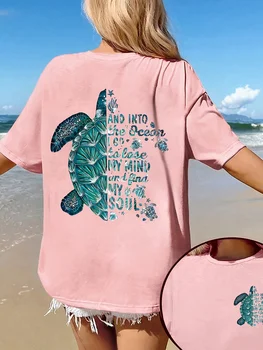 Women's Sea Turtle Graphic T-Shirt Pink Ocean Letter Print Short Sleeve Summer Casual Tee 1