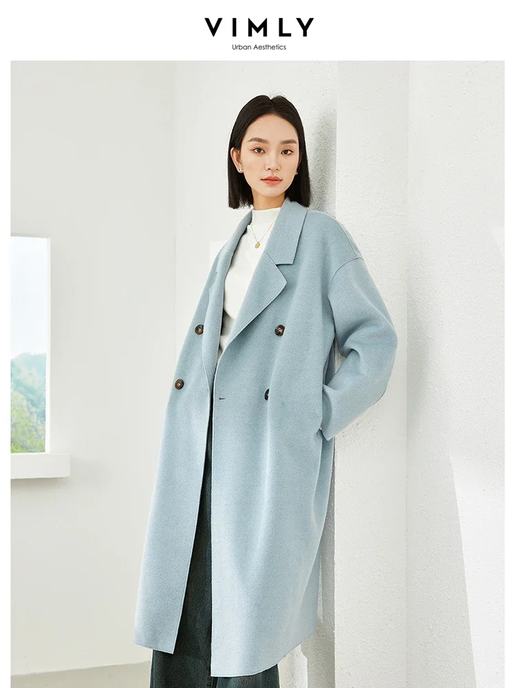 Vimly Blue Wool & Blends Long Coats Women Clothes 2023 Doule Breasted Elegant Office Lady Winter Warm Long Jacket Overcoat 16328 vimly vintage plaid wool blend coat women 2023 winter office lady double breasted tailored blazer thick warm woolen jacket 50723