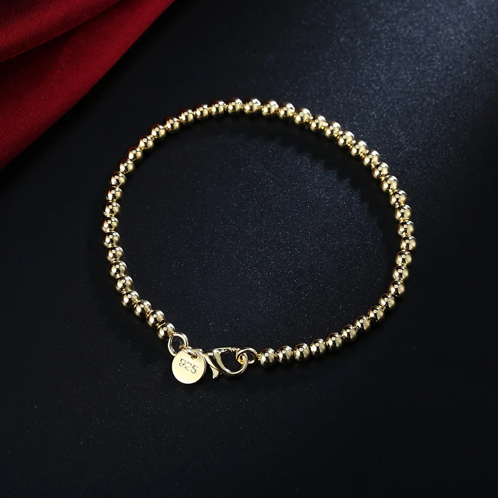 

New 18K gold color 925 Sterling Silver Bracelets for Women 4MM beads Chain Fashion Wedding Party Christmas Gifts fine Jewelry