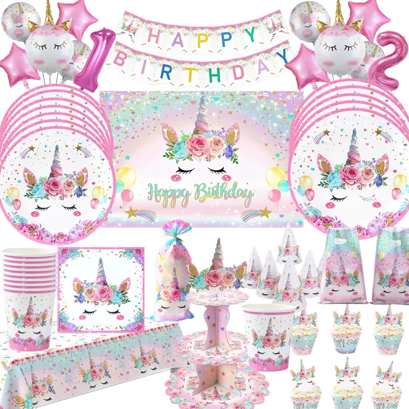 Einhorn-Partyzubehör, 1. Kindergeburtstag, Partydekorationen, Einhorn-Thema, Pappbecher, Teller, Ballon-Kuchenaufsätze, Babyparty, Mädchen