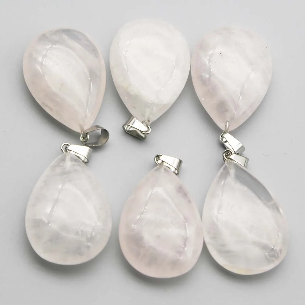 Quality Natural Stone Rose Quartz Water Drop Necklace Pendants Fashion Earrings Sweater Chain Jewelry Accessories Wholesale 8Pcs