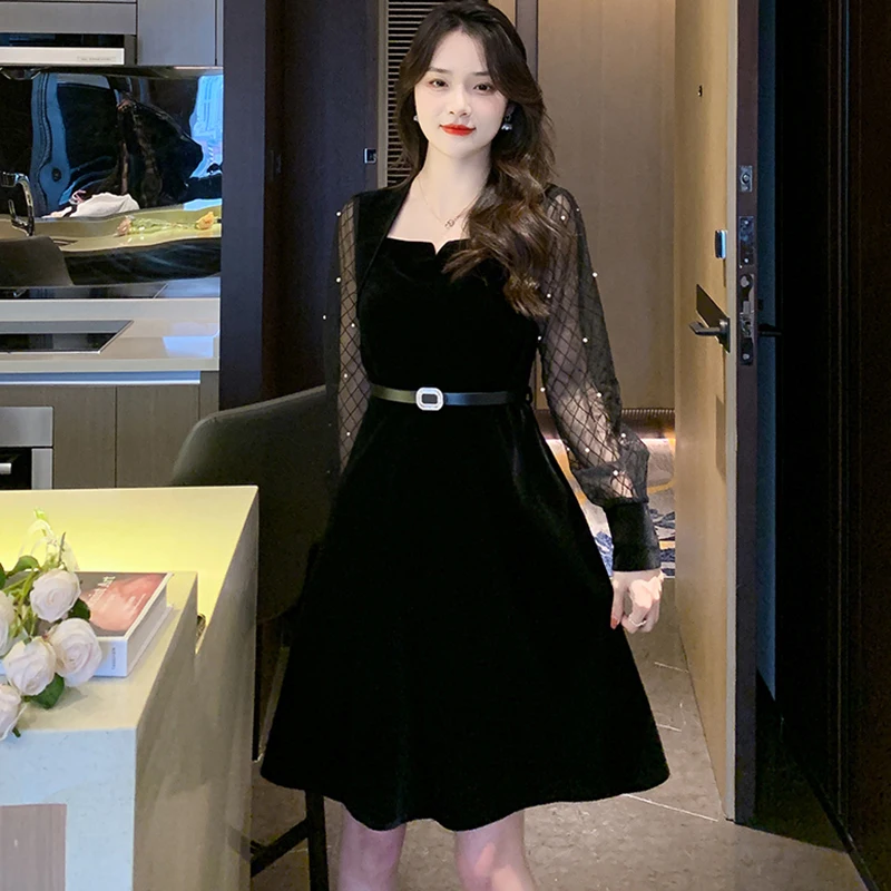 2023 Black Velvet Patchwork Mesh Sexy Club Mini Dress Women Fashon