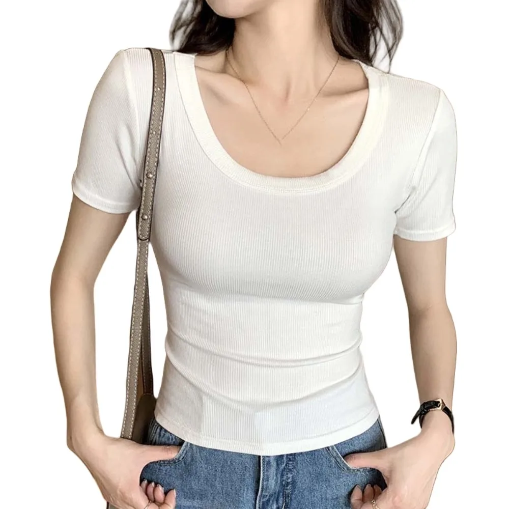 Slim Korean Y2K Crop Tops Solid Color Round Neck Black White Grey T-shirt Short Sleeves Women Clothing Slim Short T-shirt