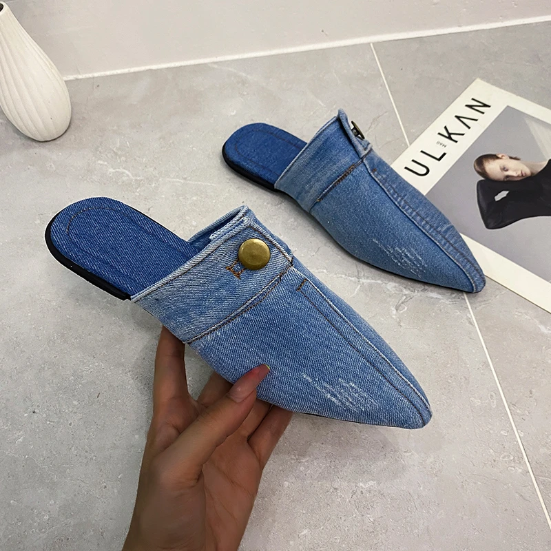 Blue Denim Cloth Slippers Pointed Toe Outdoor Slides Slingback Mules ...