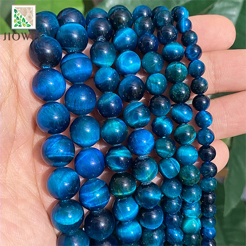 Natürlicher glatter Pfauenblauer Tigerauge-Stein, DIY-Armband-Zubehör, lose runde Perlen für die Schmuckherstellung, 38,1 cm Strang, 6, 8, 10, 12 mm