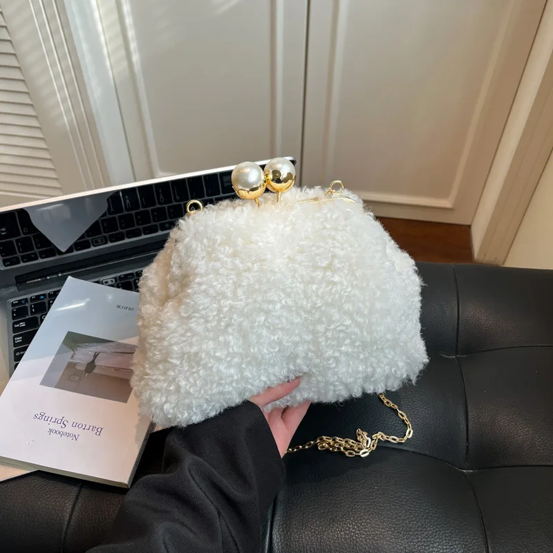 Plush Frame Bags For Women 2025 Winter New Pearl Furry Crossbody Shoulder Bags Solid Fur Luxury Handbag Soft Fluffy Bags Korean