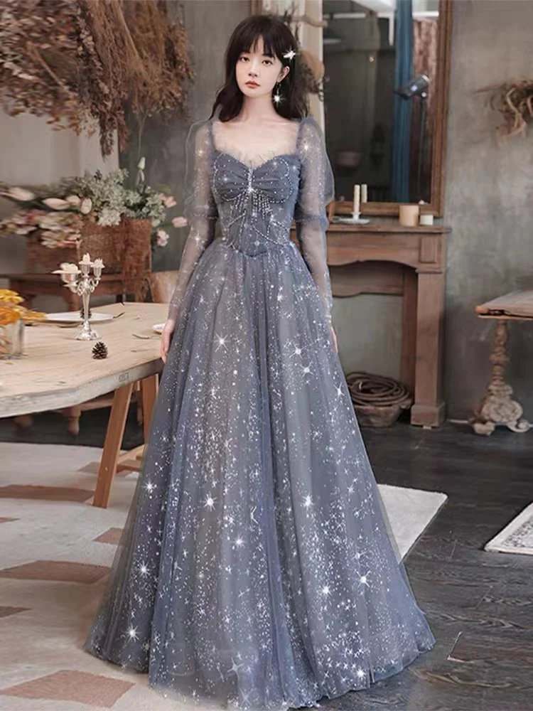 

Romantic Grey Blue Prom Dresses For Women Sweetheart A-Line Tulle Beading Sequined Long Sleeve Floor-Length Birthday Party Gowns