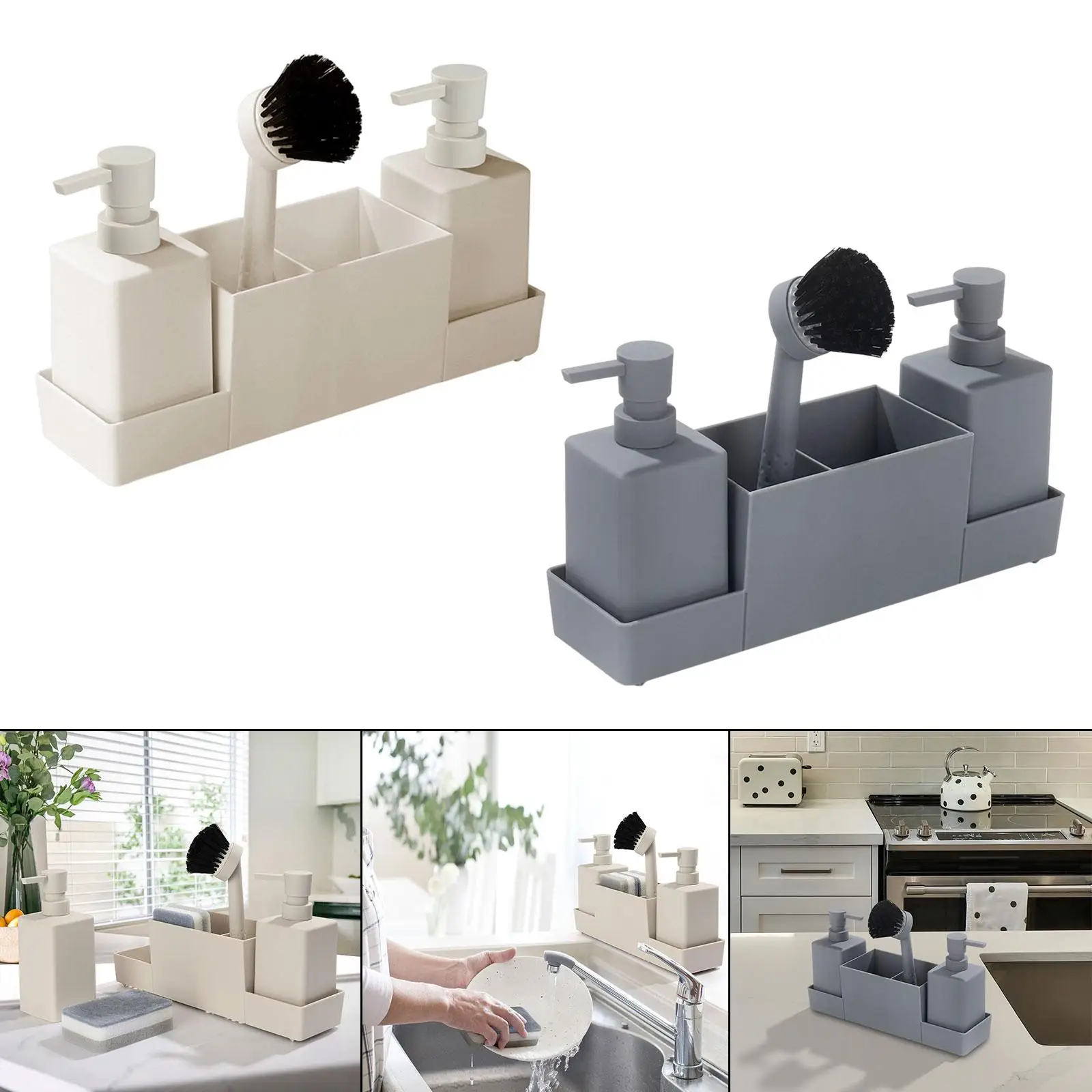 4x Kitchen Soap Dispenser with Sponge Holder Non Slip for Bathroom Home Sink