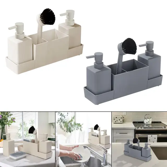 4x เครื่องจ่ายสบู่เหลวในครัวพร้อมที่วางฟองน้ําไม่ลื่นสําหรับอ่างล้างจานในบ้านในห้องน้ํา 4 4x เครื่องจ่ายสบู่เหลวในครัวพร้อมที่วางฟองน้ําไม่ลื่นสําหรับอ่างล้างจานในบ้านในห้องน้ํา 4