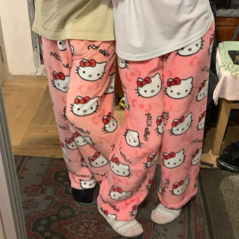 Kawaii Hello Kitty Pajamas Black Anime Flannel Women Warm Woolen Whitecartoon Casual Home Pants Autumn Fashion Trousers Gifts 5