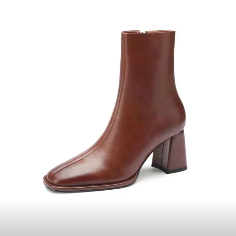 

Spring Autumn New Solid Color Square Head Cover Wearing Naked Boots Women Leather Versatile Comfortable Women's Single Boot