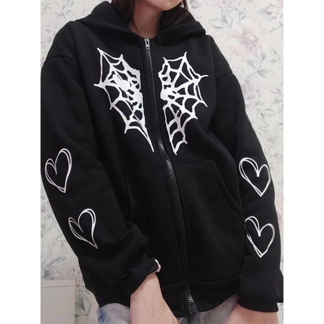 Spider Web Heart Print Zip Up Hoodies 2023 Grunge Goth Jacket Coat Y2k  Aesthetic Vintage Oversized Women Sweatshirts Y2k Clothes - Hoodies u0026  Sweatshirts - AliExpress