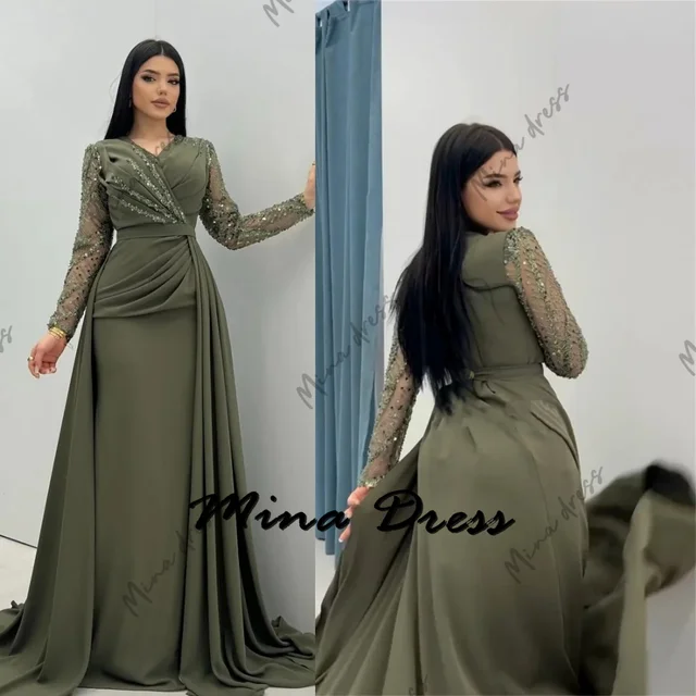 Mina Customized Beaded V Neck Lace Evening Gown Formal Occasion Elegant Wedding Evening Gown Bridesmaid Dress Woman Dresses Gala 1