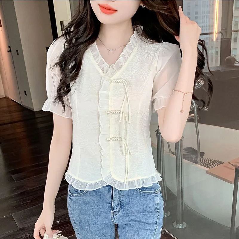 

2024 New Summer Korean Style Retro Loose Casual Elegant Fashion Women's Shirt Lace Hollow Out V Neck Short Sleeve Chic Y2K Tops