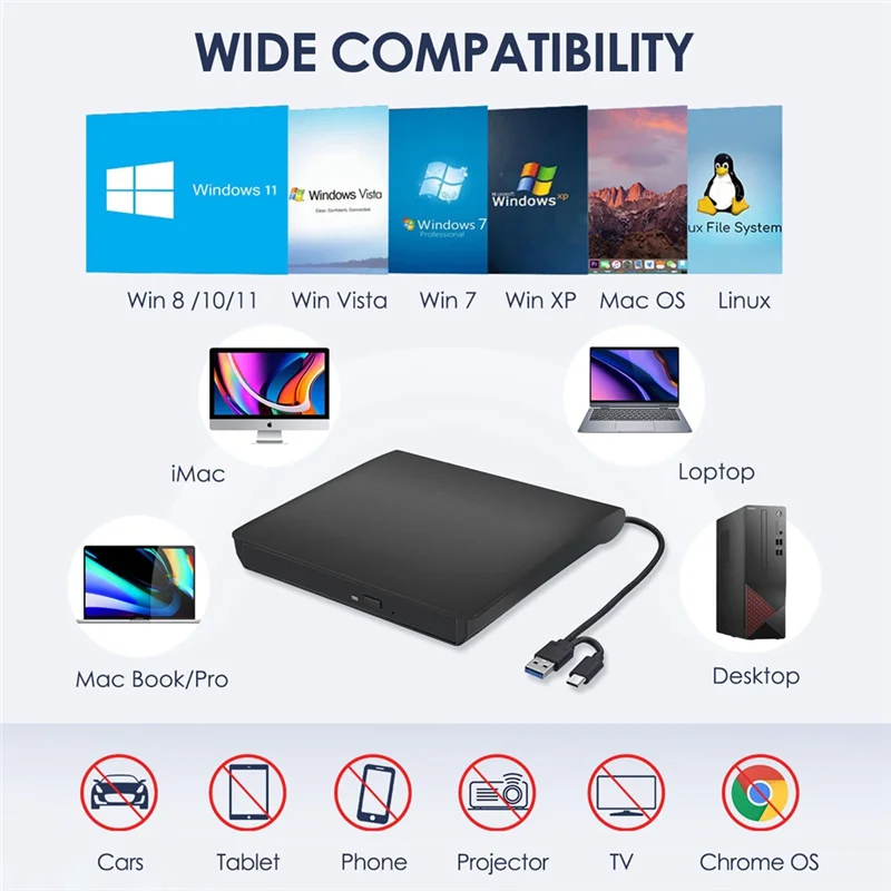 TCES-External CD DVD +/-RW Drive, USB 3.0 & USB-C Portable CD & DVD ROM Burner Player Reader Writer Rewriter Disc Drive