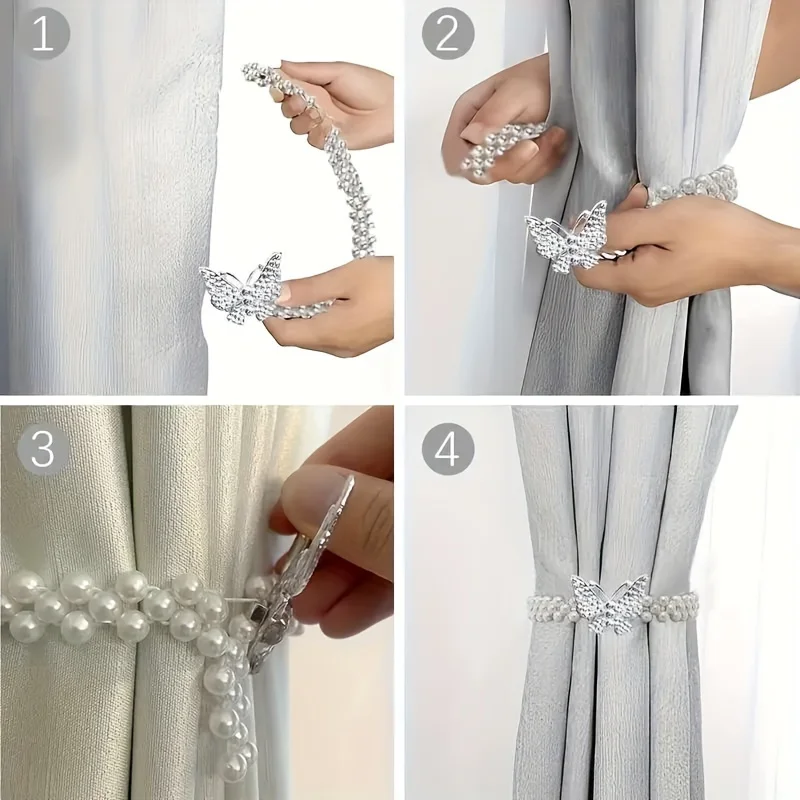 2 pieces of elegant rhinestone butterfly and imitation pearl curtain buckle, stretchable design of home curtain decoration