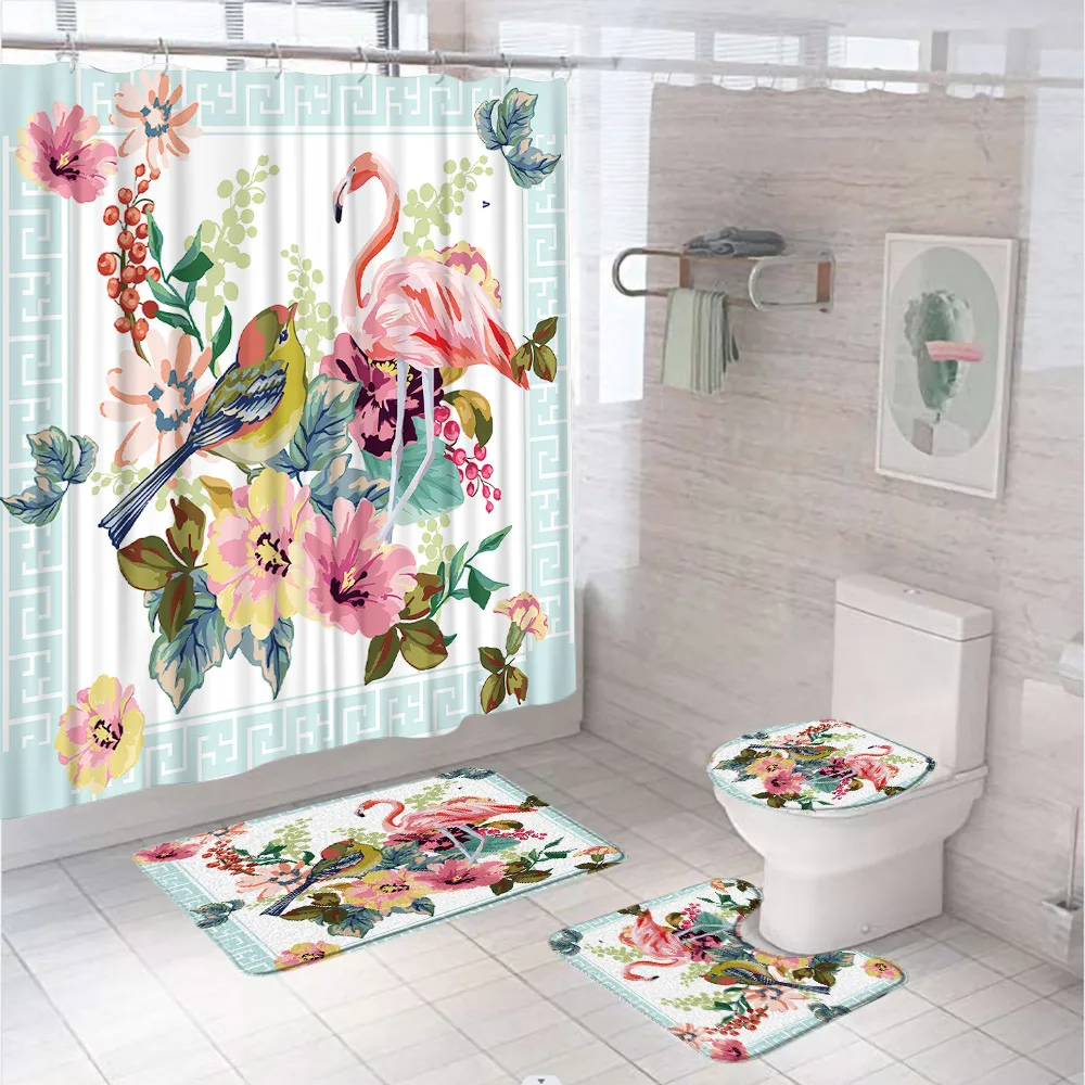 Watercolor Flower Bird Flamingo Shower Curtain Set Bath Mat Toilet Lid Cover Non-Slip Rug Chinese Stlye Floral Bathroom Curtains