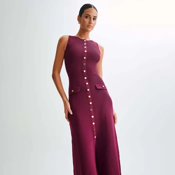 Fashion Knitted Long Dress For Women Elegant Sleeveless Button Maxi Sweater Bodycon Dresses Female Party Fashion Vestidos 2024 N